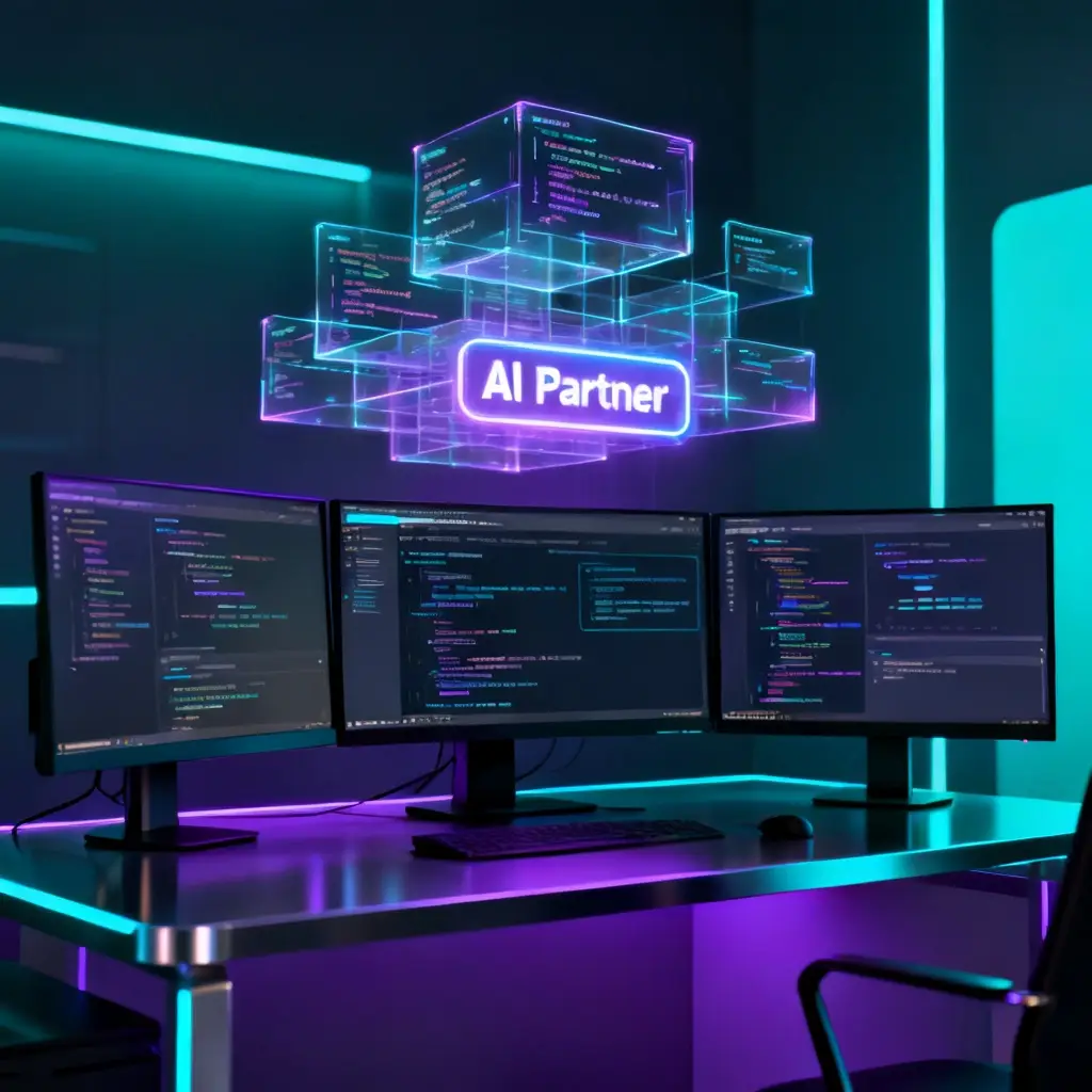 AI-powered web development and collaborative coding illustration